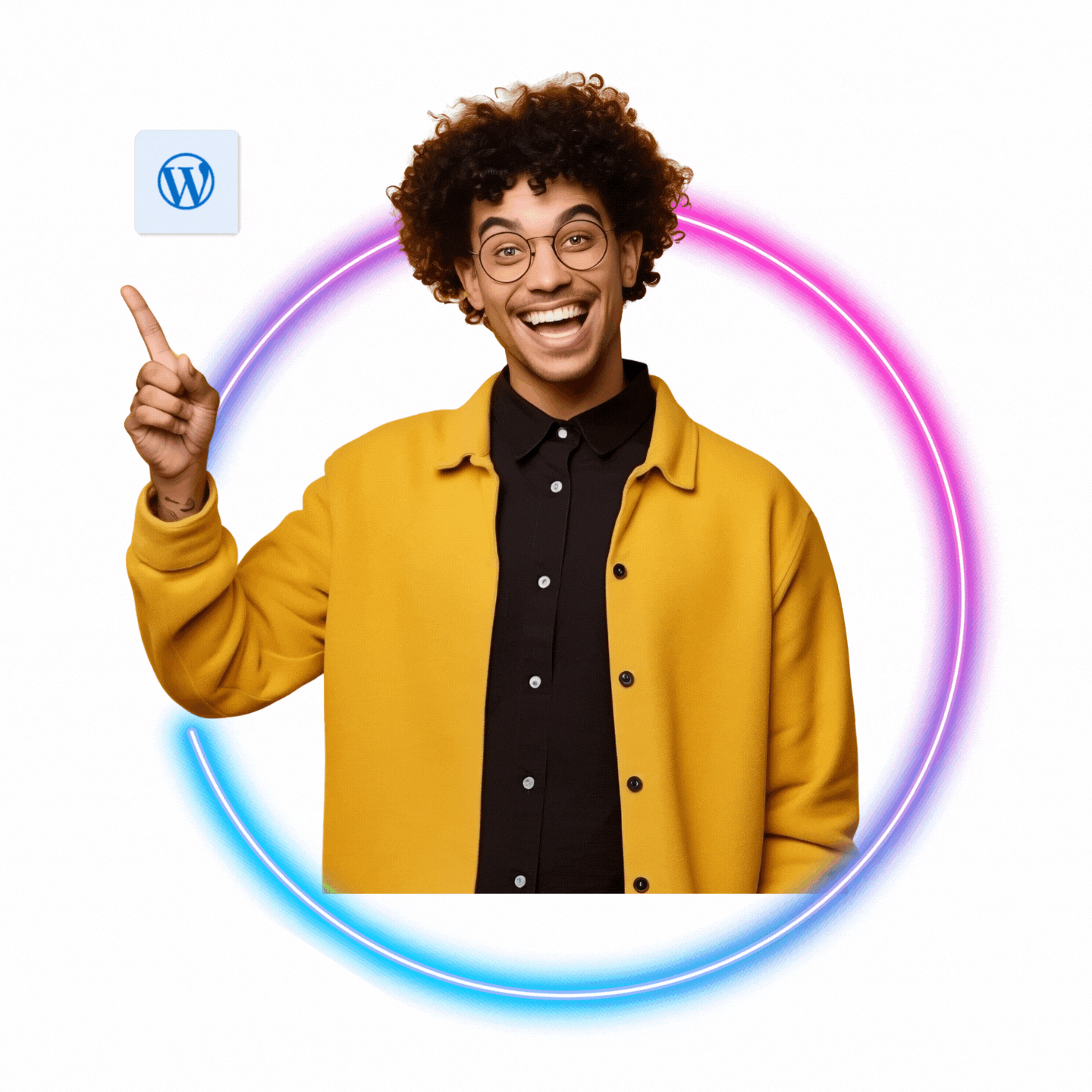 A GIF, where a cheerful person working in Good Design pointing fingers to WordPress logo